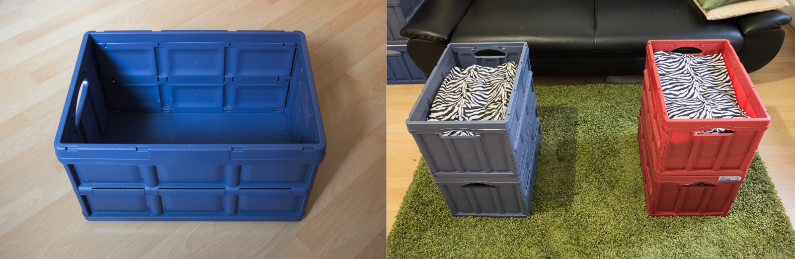 Empty storage box made of plastic (foldable and stackable) and topology of four boxes serving as table legs.